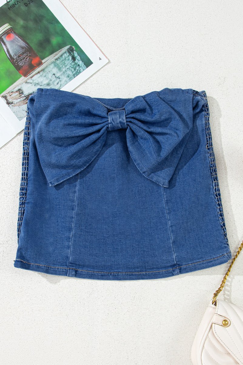 Sail Blue Vintage Bow Front Smocked Back Denim Tube Top - Love Salve